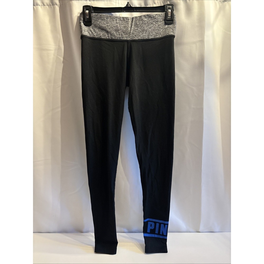 Victoria's Secret PINK‎ 28" REVERSIBLE Leggings BLACK + Blue XS Logo On Leg
